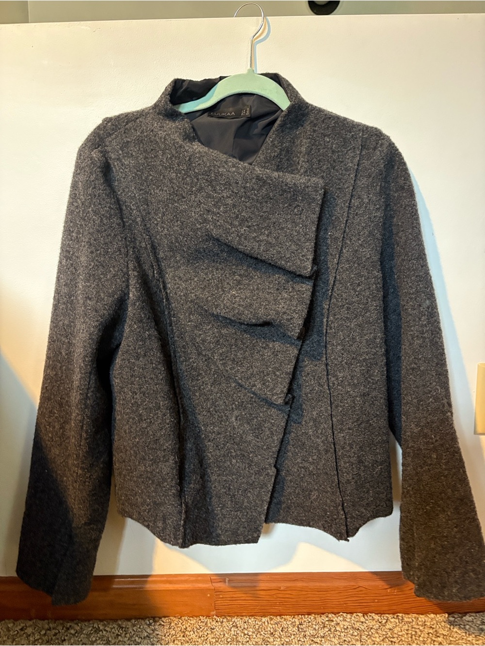 Luukaa Charcoal Gray Asymmetric Wool-Blend Jacket